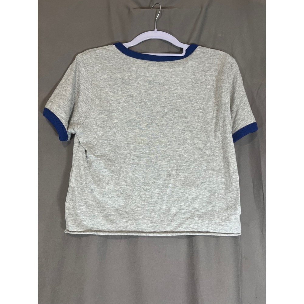 Yale University Ringer Tee Grey Navy Blue Cropped Graphic Shirt Large - Picture 2 of 4
